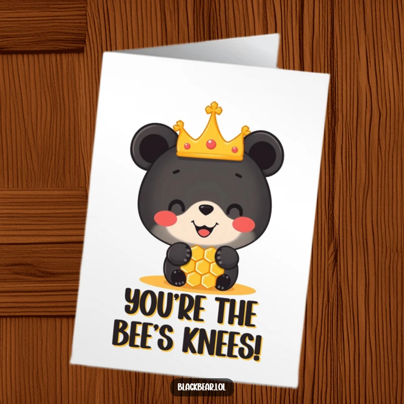 Funny Free Printable Congrats Card: Adorable bear cub with crown sniffs giant flower, celebrating success.