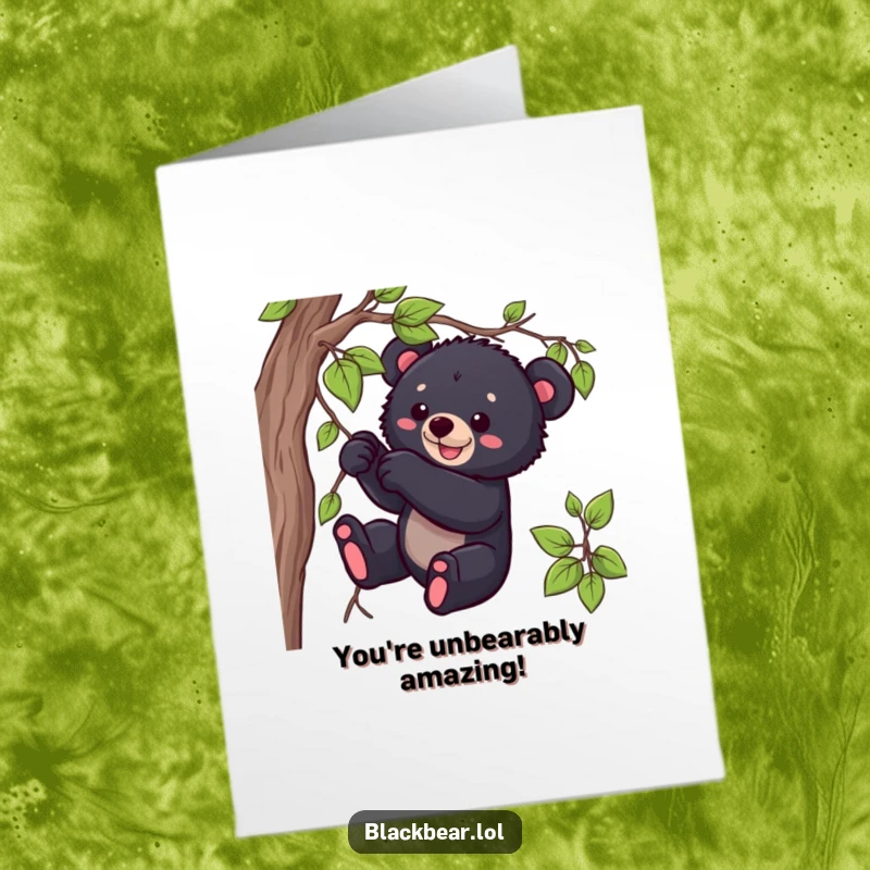 Funny free printable congratulations card: a black bear cub cheerfully tugs on a dangling vine, celebrating success.