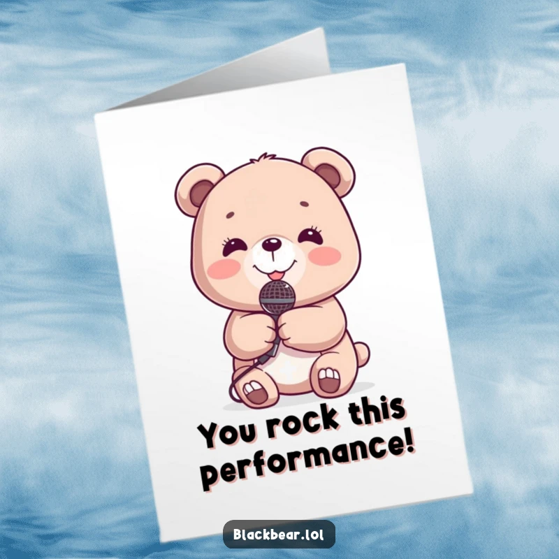 Funny Free Printable Congratulations Card: A happy bear holding a small microphone, smiling brightly, celebrating success.