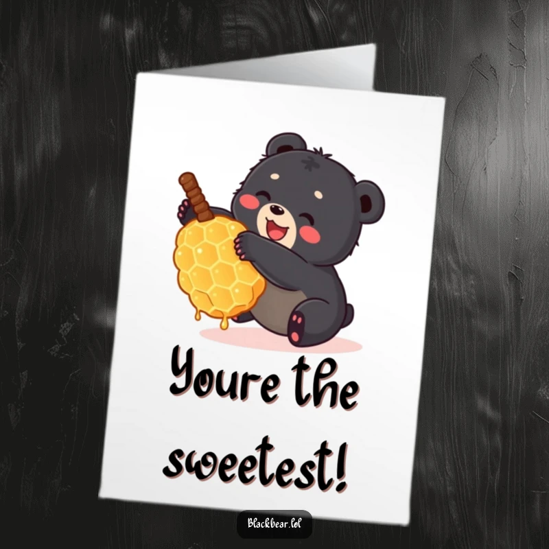 Funny Free Printable Congratulations Card: A small black bear cub gleefully tumbling with a massive honeycomb, celebrating a sweet success.