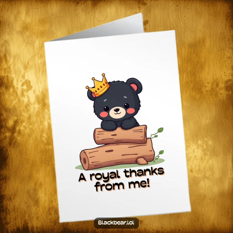 Cute Free Printable Thank You Card featuring a black bear cub wearing a tiny crown, balancing on a log, conveying sweet appreciation.