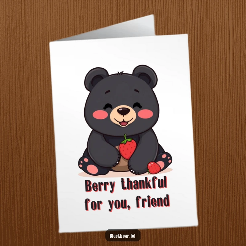 Funny Free Printable Thank You Card: A smiling bear attempting to balance a single berry on its nose says thanks.