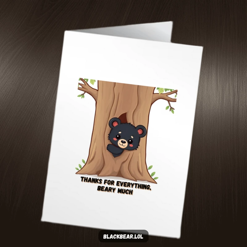 Free Printable Thank You Card with a curious black bear cub peeking from a tree, offering adorable gratitude.