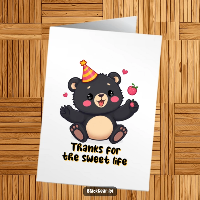 Funny Free Printable Thank You Card: playful bear cub in party hat juggles berries as a thank you.