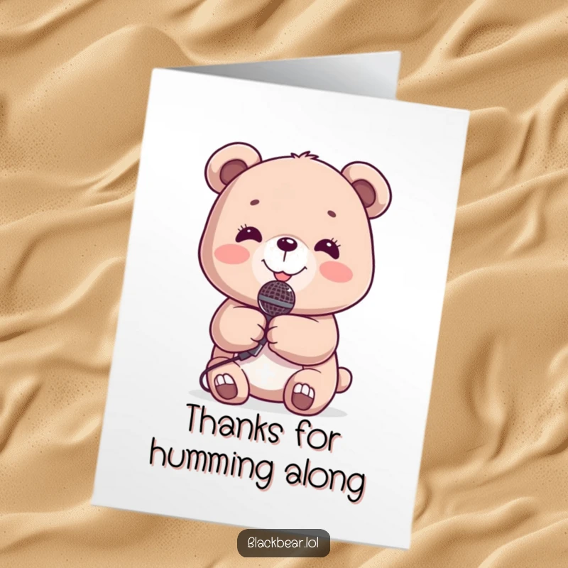 Funny Free Printable Thank You Card: A cute bear holding a tiny microphone, smiling widely, expressing thanks.