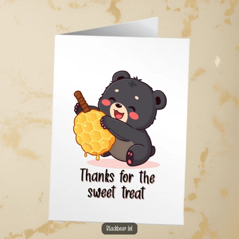 Funny Free Printable Thank You Card: A small black bear cub tumbling happily with a giant honeycomb, a sweet way to give thanks.