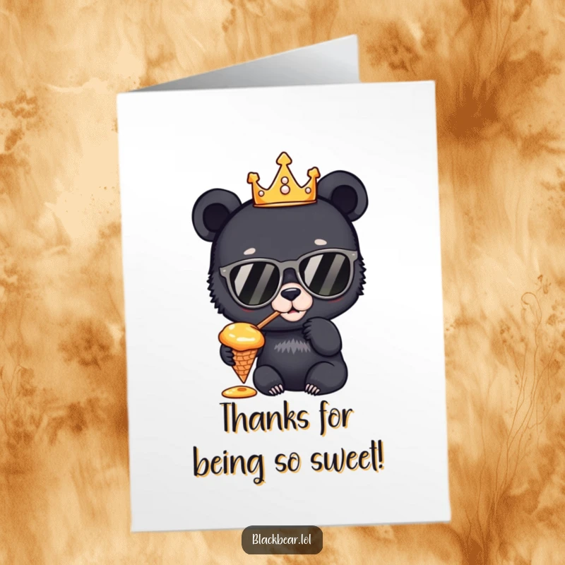 Funny Free Printable Thank You Card: A bear cub king with sunglasses savors honey, offering a stylish thank you.