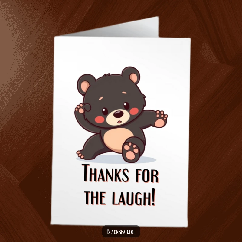 Amusing free printable thank you card of a black bear cub trying to look heroic but tripping mid-pose.