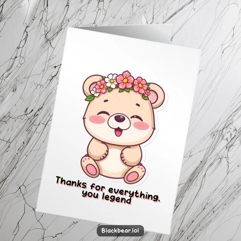 Funny Free Printable Thank You Card: Giggling bear cub in a flower crown, expressing thanks with joy.
