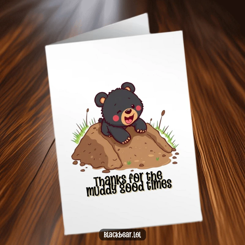 Funny Free Printable Thank You Card: Black bear cub sliding in mud, looking back with a thankful expression.