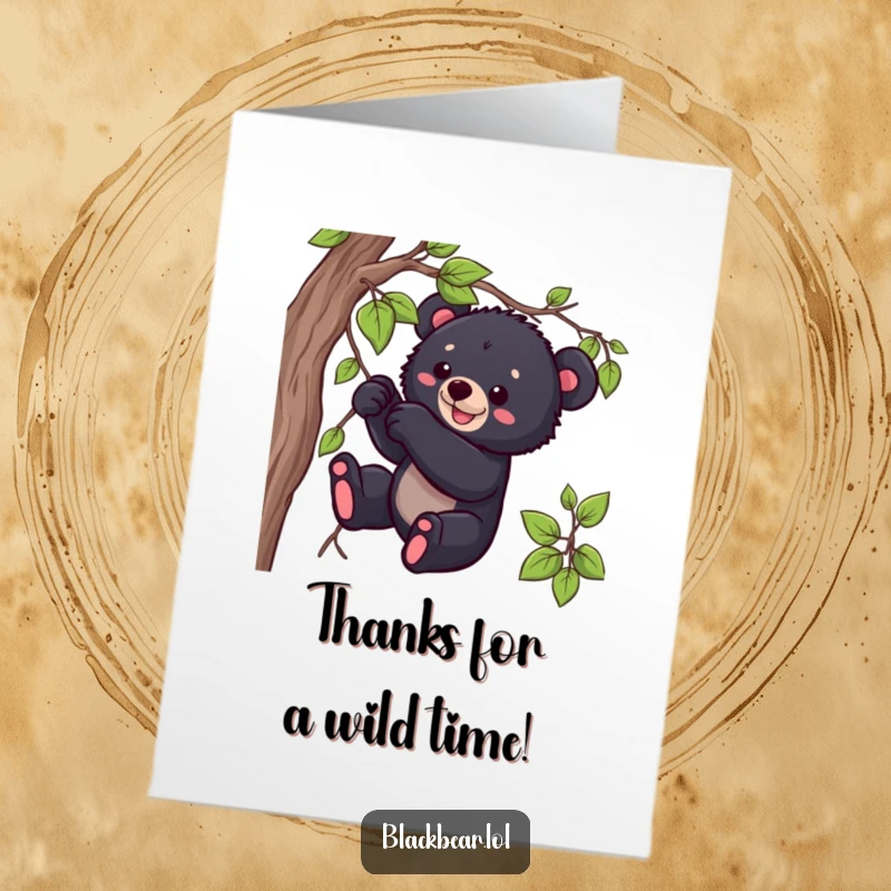 Funny free printable thank you card: a black bear cub playfully tugs on a dangling vine, showing thanks.