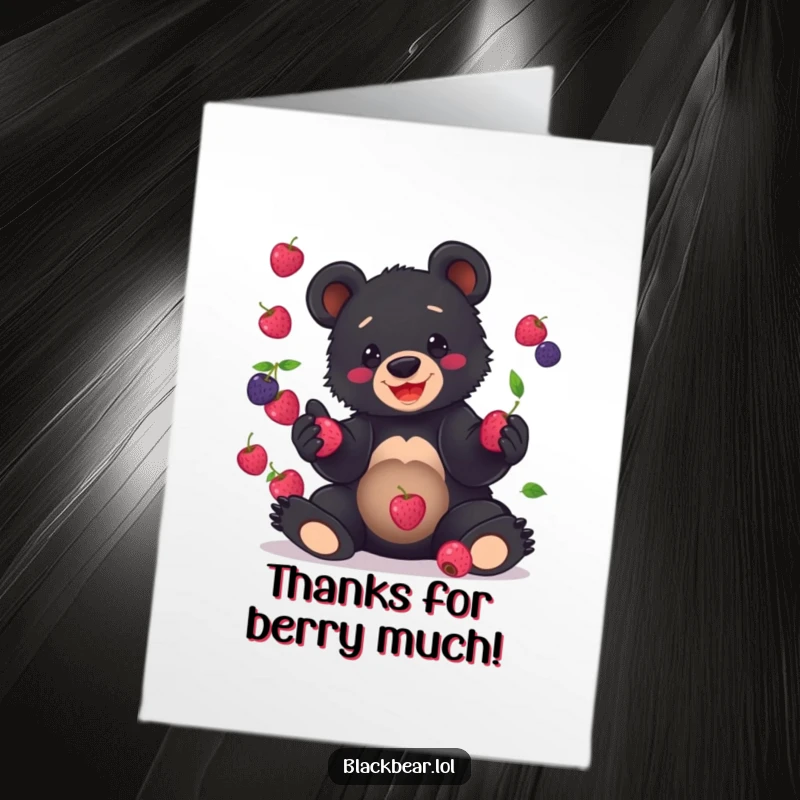 Funny Free Printable Thank You Card: A black bear cub joyfully juggles various berries, with some tumbling, as a thank you gesture.