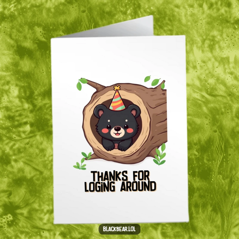 Cute Free Printable Thank You Card: Happy black bear cub peeking from a log in a party hat, expressing thanks.