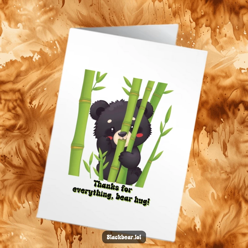 Funny Free Printable Thank You Card: A playful black bear cub peeks out from bamboo, sending thanks.
