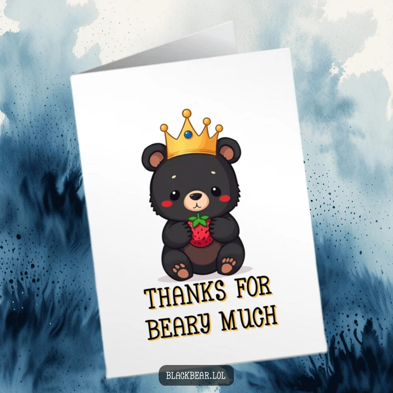 Funny Free Printable Thank You Card: Black bear cub in crown balancing a berry on its nose, showing thanks.