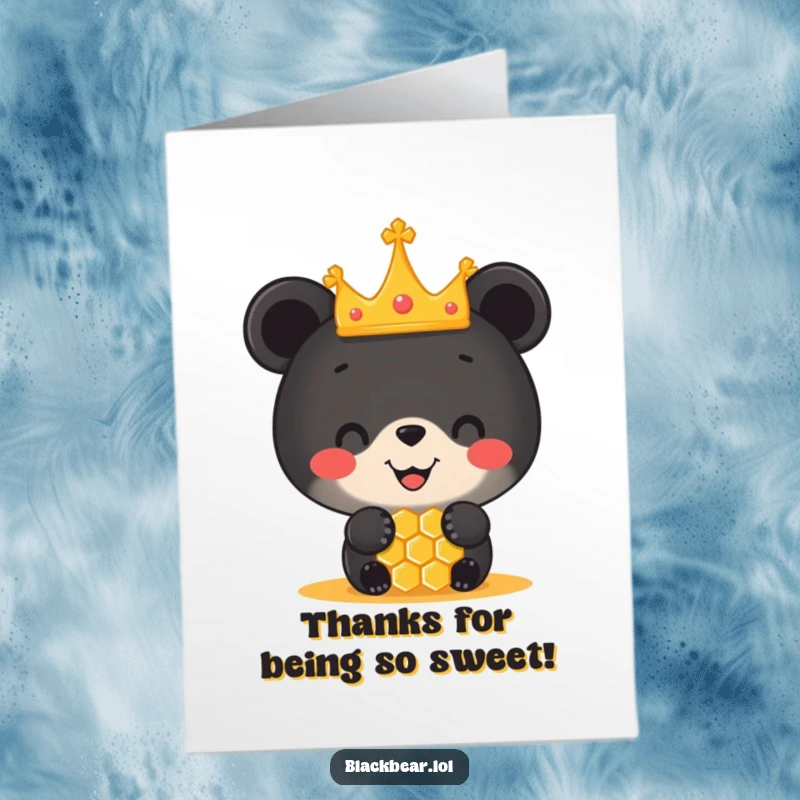 Funny Free Printable Thank You Card: Black bear cub in crown balances honeycomb, showing gratitude.