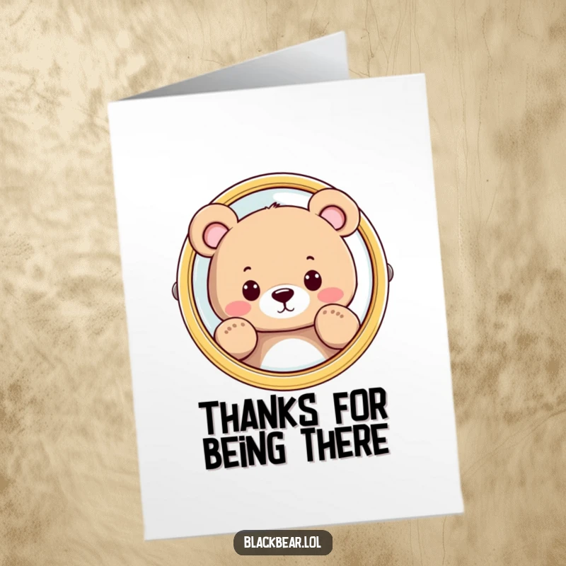 Funny Free Printable Thank You Card: Bear cub peeking playfully from behind a large mirror, saying thanks.