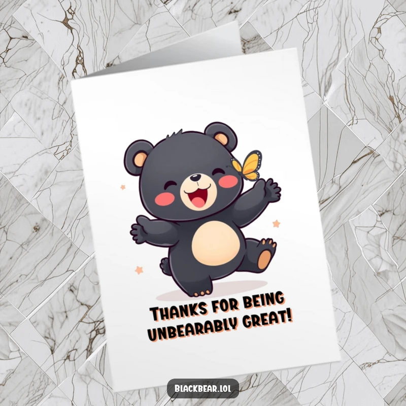 Funny free printable thank you card, black bear cub dancing with a butterfly, expressing gratitude in a joyful, whimsical way.