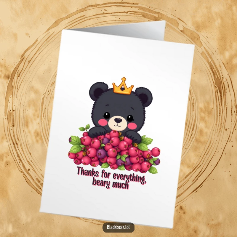 Funny Free Printable Thank You Card: Adorable black bear with a crown peeking from berry bush, conveying thanks.