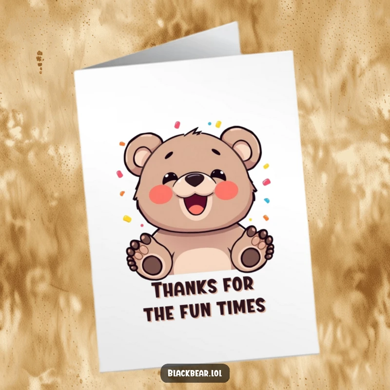 Funny Free Printable Thank You Card: Bear cub with a happy expression tossing confetti, sending thanks.