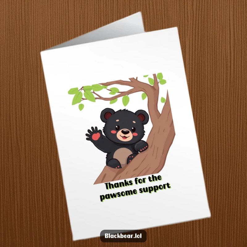 Funny Free Printable Thank You Card: Black bear cub waving a paw from a tree branch, sending thanks.
