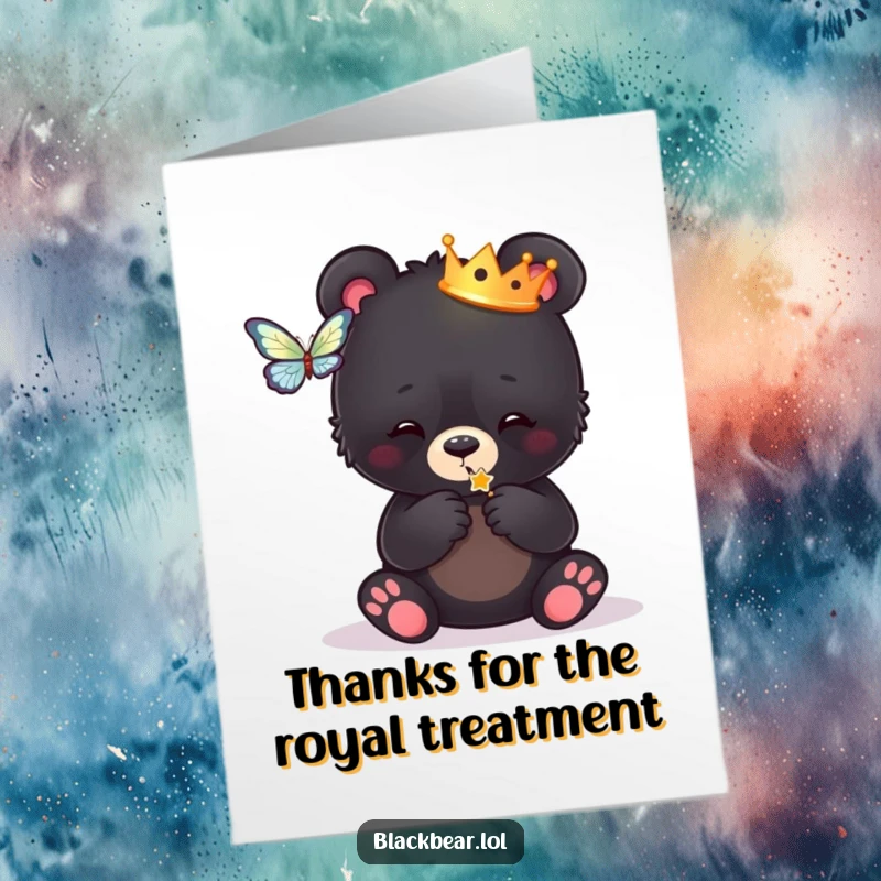Funny Free Printable Thank You Card: A black bear cub in a crown playfully thanks someone, batting a butterfly.