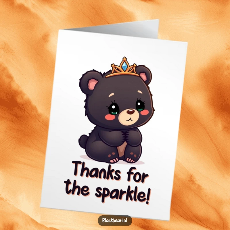Funny free printable thank you card featuring a bear cub with a slightly askew tiara, expressing confused delight.