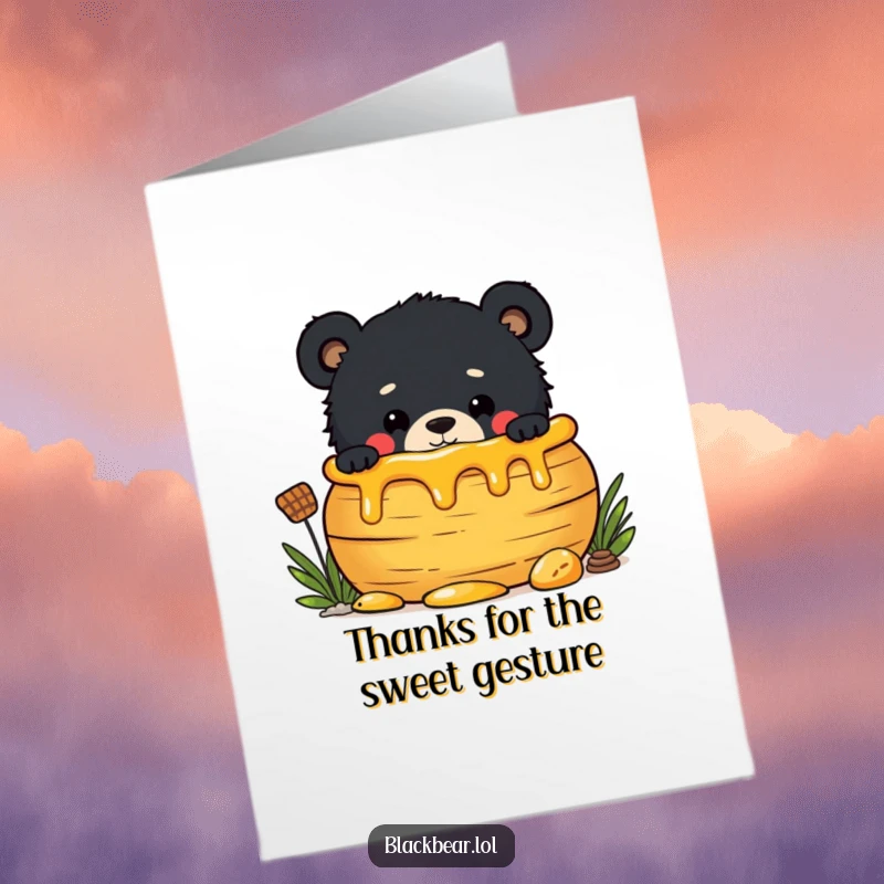 Funny Free Printable Thank You Card: A black bear cub peeking from behind a honey pot, offering a sweet thank you.