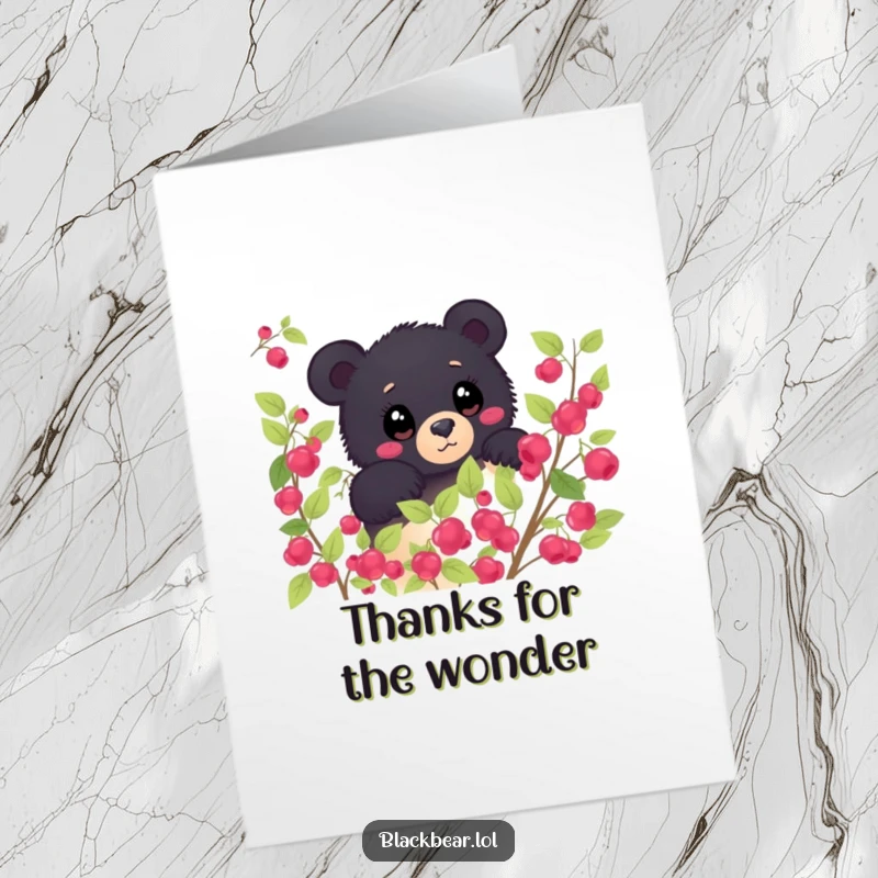 Funny Free Printable Thank You Card: A shy black bear peeking from a berry bush, eyes wide with wonder, a sweet thank you.