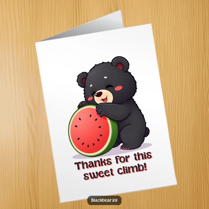Funny Free Printable thank you card: a cute chubby black bear cub comically trying to scale a big, green watermelon.