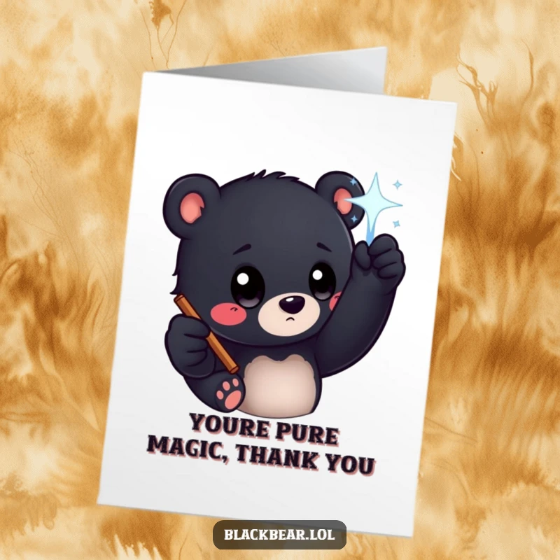 Funny Free Printable Thank You Card: Black bear cub with curious eyes reaching for a sparkling wand, saying thanks.