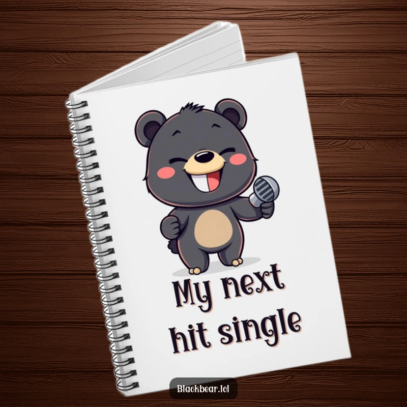 Funny notebook with a mischievous black bear cub holding a microphone, ideal for songwriting and note-taking.