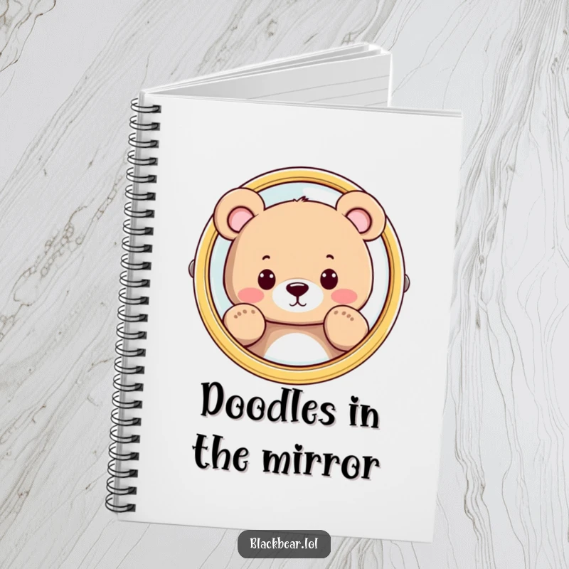 Funny bear character peeking from behind a mirror, featured on a notebook cover for writing and reflection.