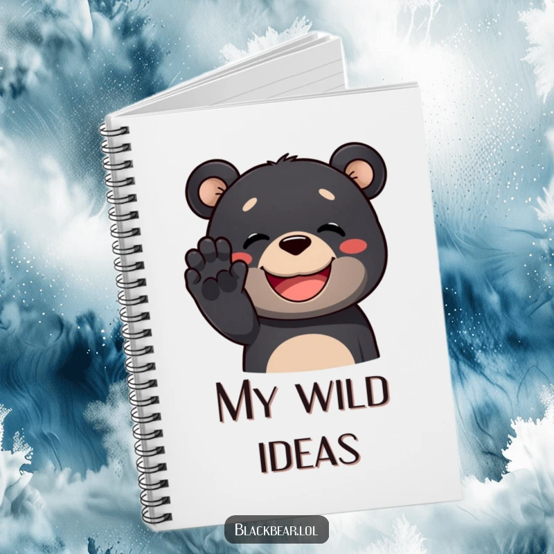 Funny black bear notebook with a happy black bear waving its paw and a big grin, perfect for notes and journaling.