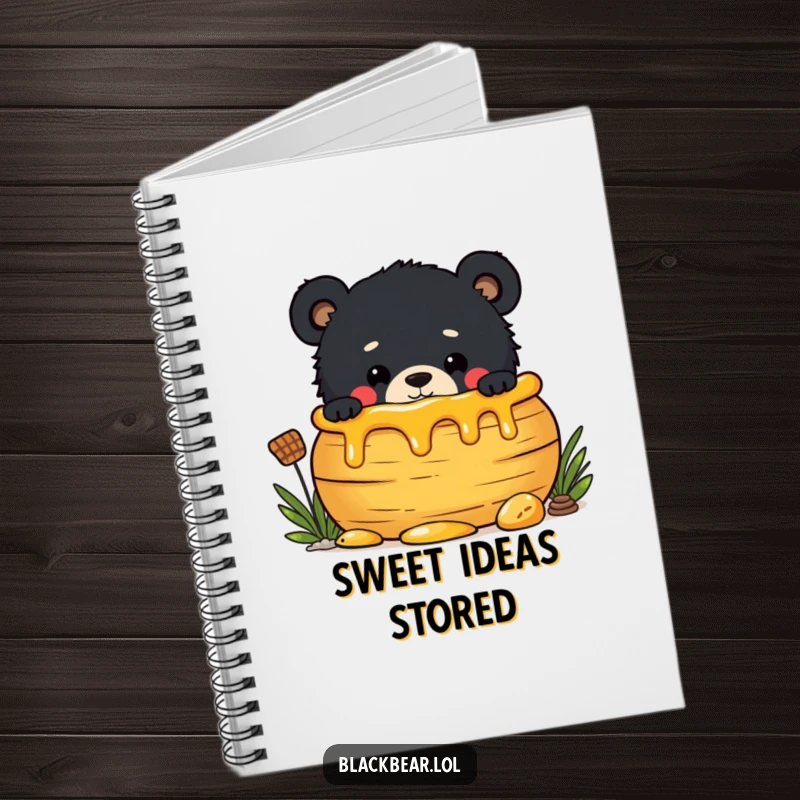 Funny notebook cover featuring a mischievous black bear cub peeking out from behind a large honey pot, perfect for jotting notes.