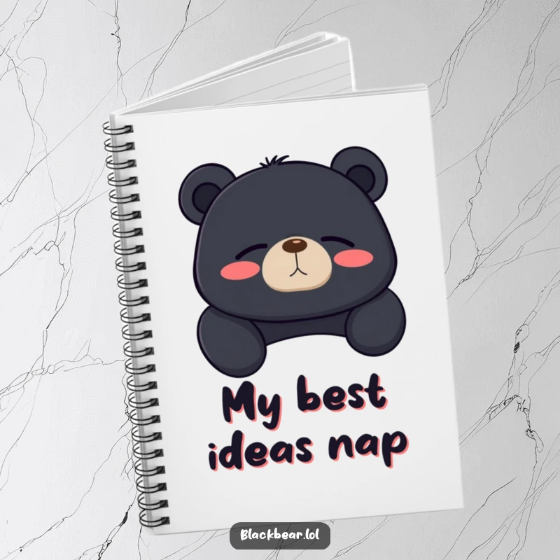 Funny black bear notebook with a bear lounging, sighing contentedly with eyes closed, ideal for calm journaling.