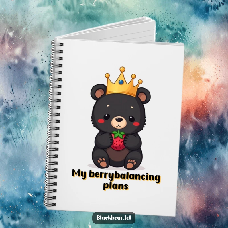 Funny black bear cub notebook, a royal cub in a crown, balancing a berry on its nose, for jotting down regal and funny ideas.