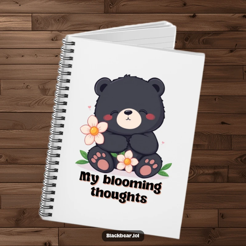 Funny notebook with a content black bear holding an oversized flower, perfect for jotting down peaceful thoughts and creative ideas.