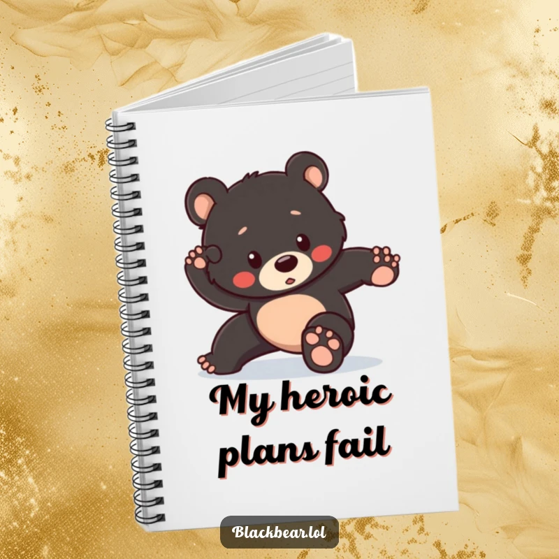 Funny notebook cover featuring a black bear cub striking a heroic pose but tripping slightly, perfect for jotting down brave ideas.