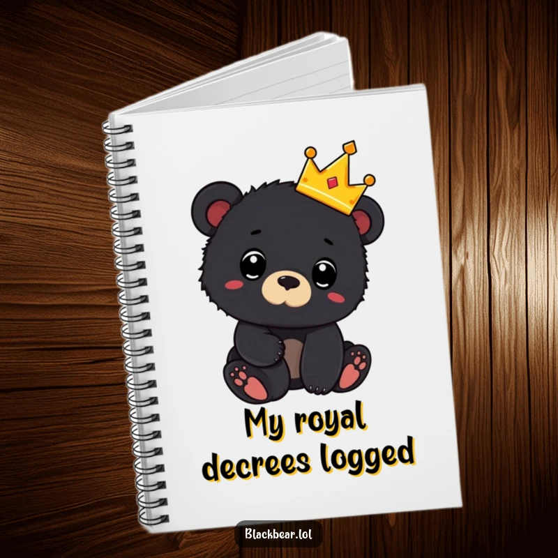 Funny notebook with a black bear cub wearing a tiny crown and looking surprised, perfect for capturing notes with a royal theme.