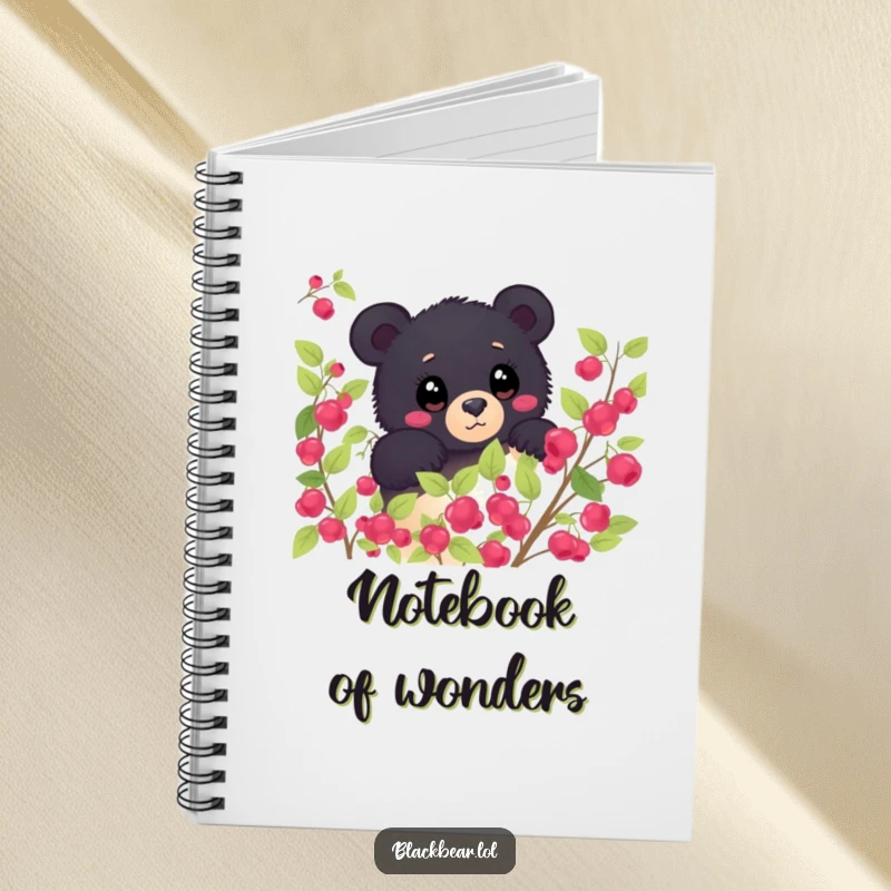 Funny black bear peeking from behind a berry bush, eyes wide with wonder on a notebook cover. Curious and humorous forest animal stationery.