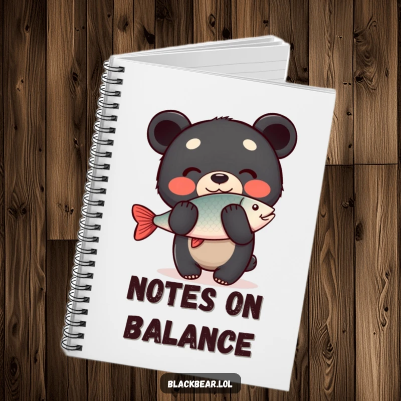Funny Notebook: Happy black bear cub balancing a fish on its nose with a cheerful expression, perfect for jotting down humorous thoughts.