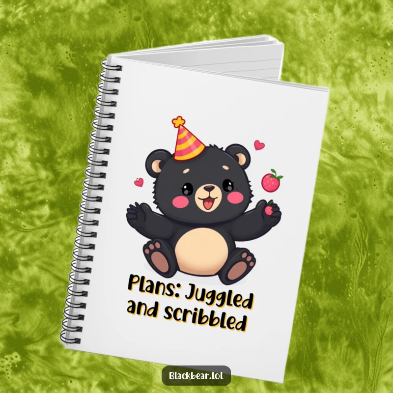 Funny Notebook: Playful black bear cub in a party hat, juggling berries with a joyful expression, perfect for jotting down festive thoughts.