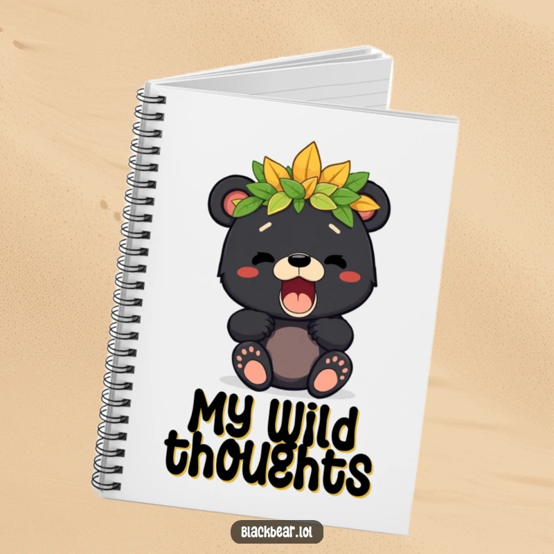 Notebook with a cute black bear cub wearing a leaf crown, letting out a small roar, perfect for kids to write and draw adventures.