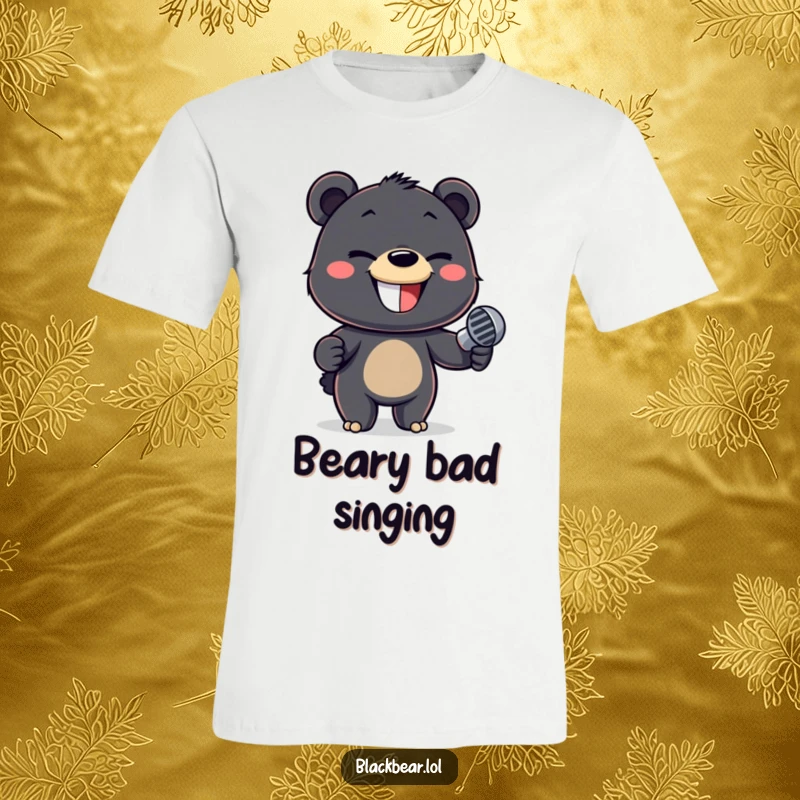 Funny t-shirt with a mischievous black bear cub holding a microphone, grinning slyly, ready for performance.