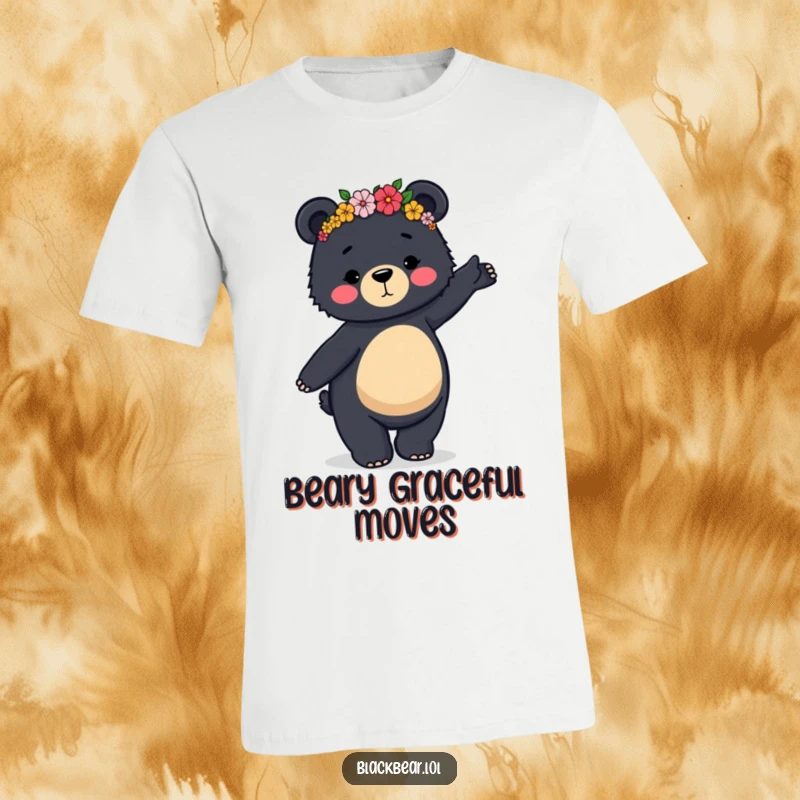 Funny t-shirt of a black bear in a flower crown doing a clumsy, graceful dance with a joyous expression.