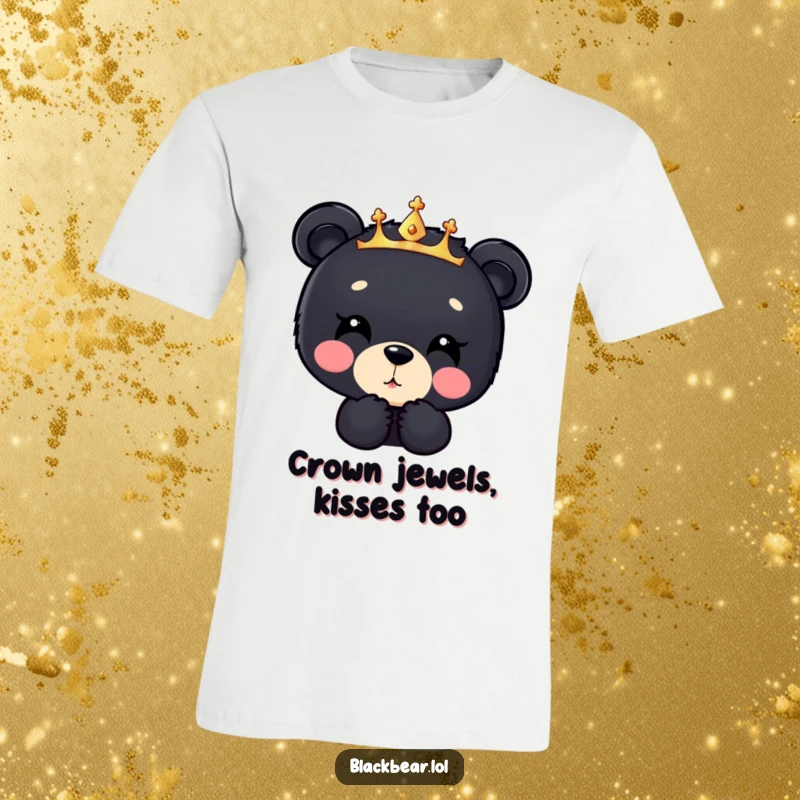 Funny black bear cub t-shirt, a cub wearing a sparkly crown, blowing a kiss downwards with adorable and cheeky charm.