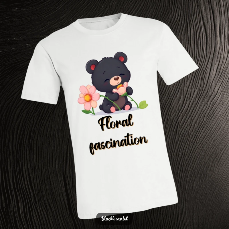 Funny curious black bear cub t-shirt sniffing a giant flower with pure delight, showcasing innocence and wonder.