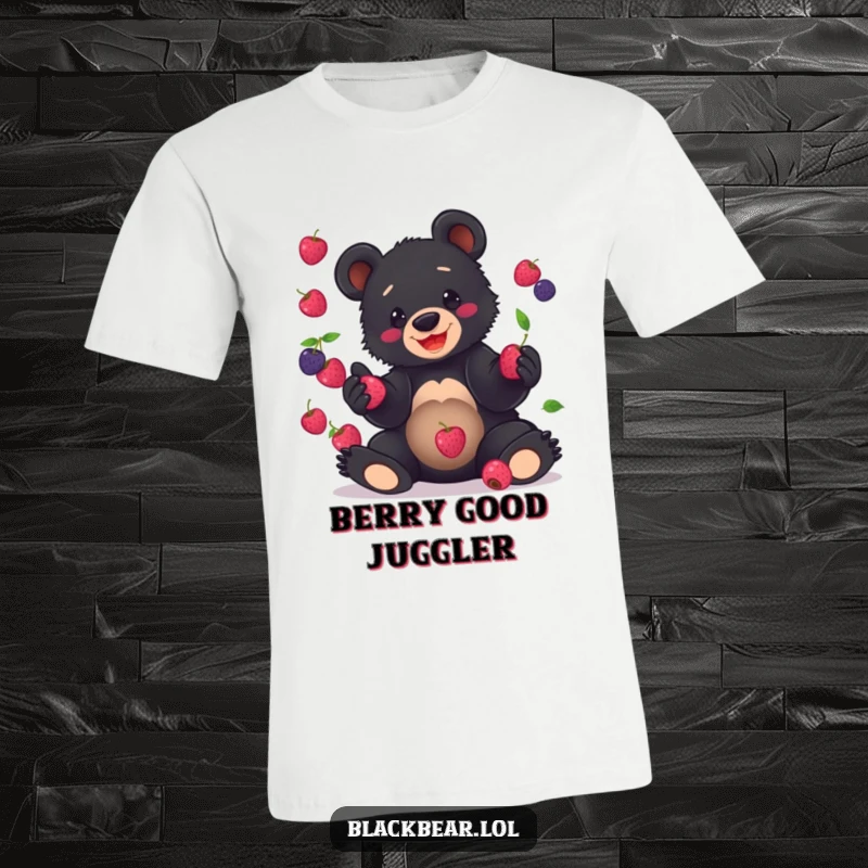 Funny T-Shirt graphic of a black bear cub with a big smile, hilariously attempting to juggle several red berries.