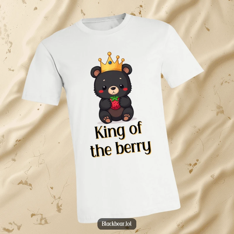 Funny black bear cub t-shirt, a cub wearing a crown, balancing a berry on its nose, demonstrating regal poise and playful fun.
